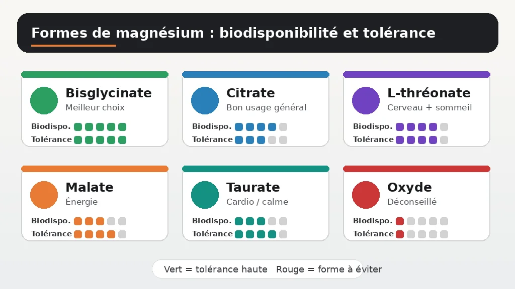 Infographie comparant six formes de magnésium selon biodisponibilité, tolérance digestive et usage sportif