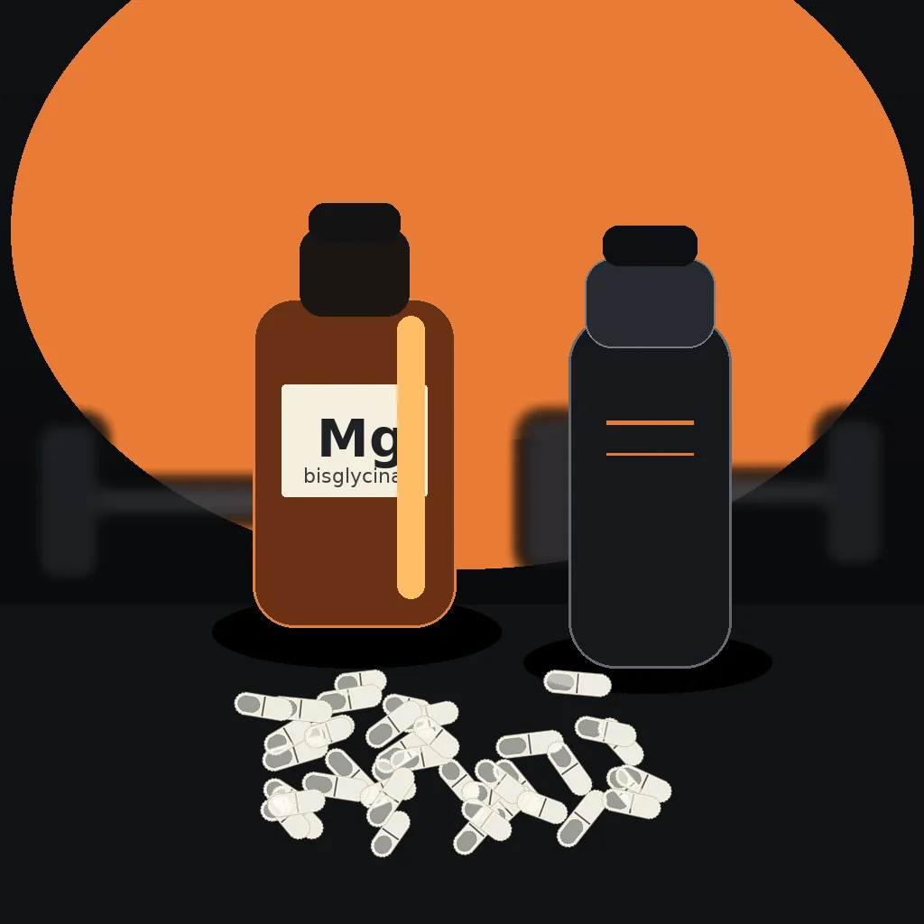 Gélules de magnésium bisglycinate posées à côté d'un shaker de sport sur fond sombre, avec haltères en arrière-plan