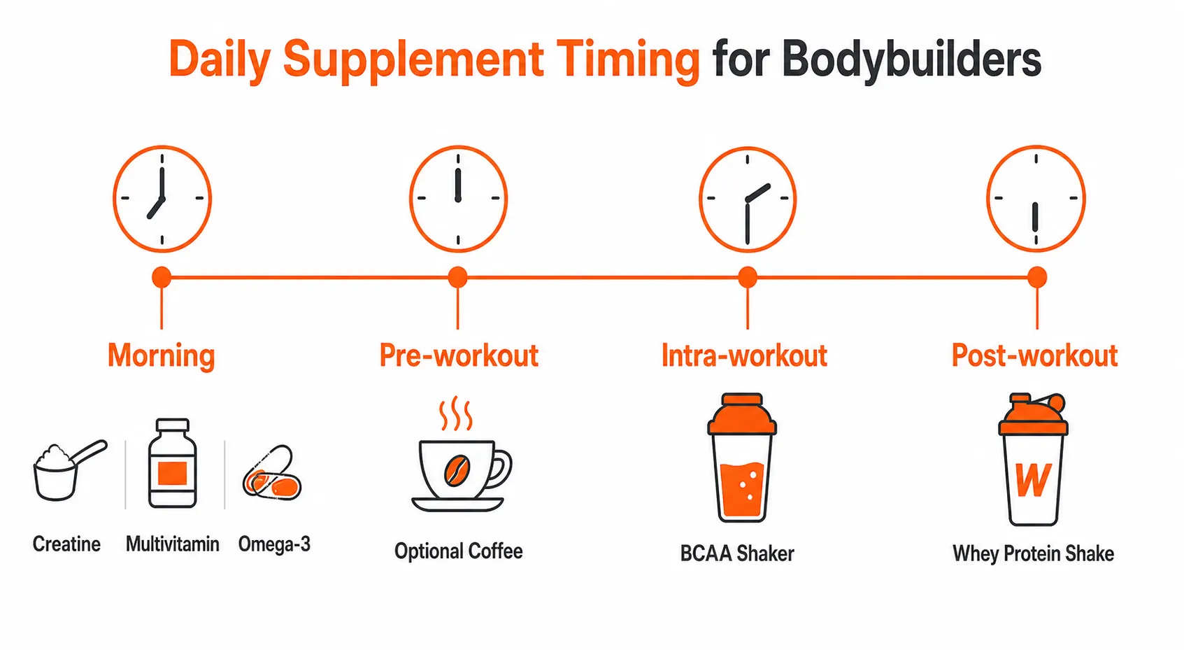 Infographie du timing de prise des compléments musculation : créatine le matin, BCAA en intra-training, whey en post-entraînement
